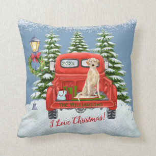 Almofada Vintage Red Truck Lab Retriever Snow Family Name