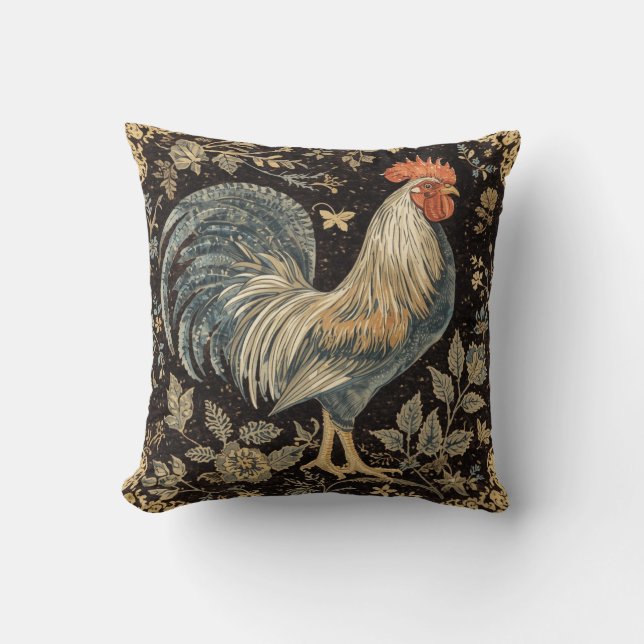 Almofada Vintage Rooster, Florals Pattern,Black Background (Frente)
