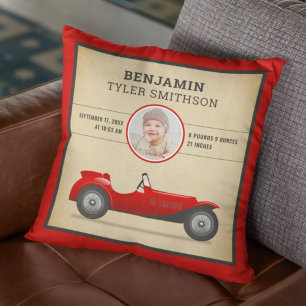 Almofada Vintage Rustic Red Race Car Baby Photo Birt Stats