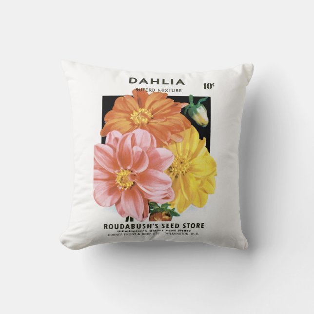 Almofada Vintage Seed Packet Art, Dahlia Garden Flowers (Frente)