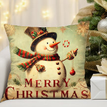 Vintage Snowman - Feliz Travesseiro decorativo de