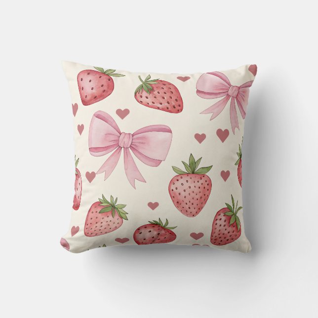 Almofada Vintage Strawberry and Pink Bows Coquette Pillow (Frente)