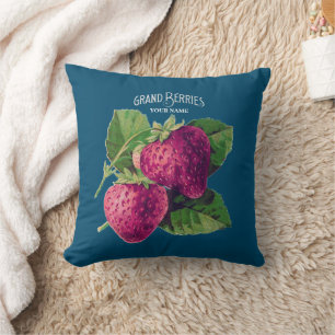Almofada Vintage Strawberry Berry Adiciona Seu Nome Azul Ve