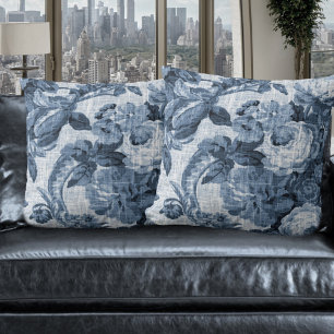 Almofada Vintage Toile floral botânico No.5 do azul de