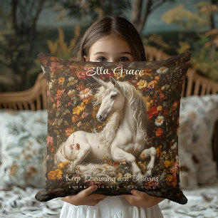 Almofada Vintage Unicórnio Branco Arte Floral Fantasia Cont