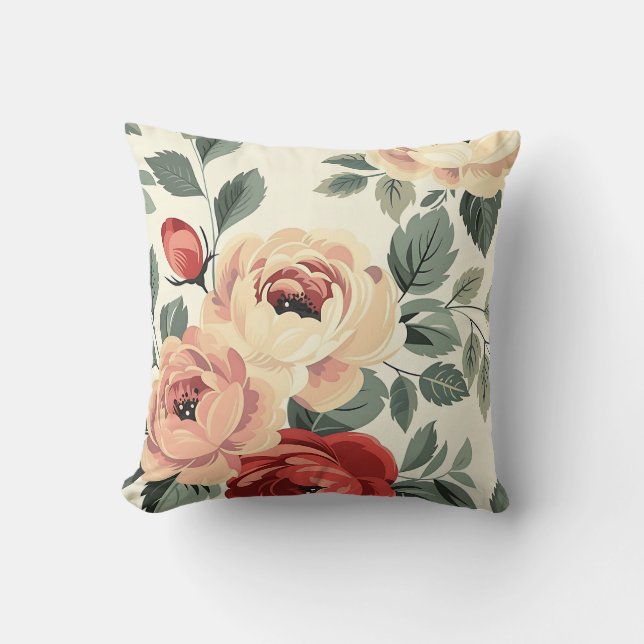 Almofada Vintage Vermelho Creme Botânico Romântico Chic Flo (Frente)