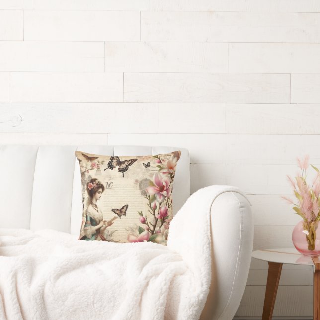 Almofada Vintage Victorian Lady and Butterflies desoupage (Sofá)
