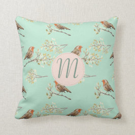 Almofada Vintage Watercolor Robins europeus com Monograma