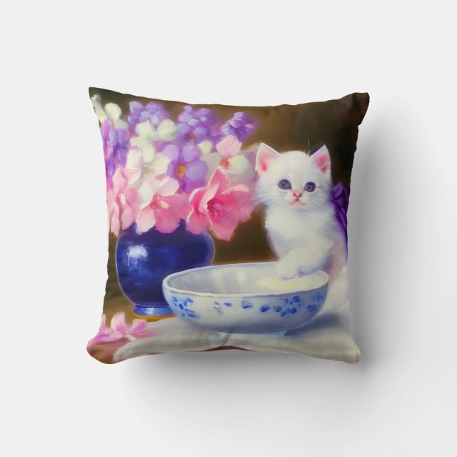 Almofada Vintage White Kitten com Fita Roxa (Frente)