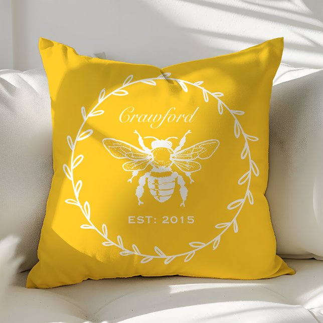 Almofada Vintage Yellow Honey Bee Laurel Honeycomb Monogram (Criador carregado)