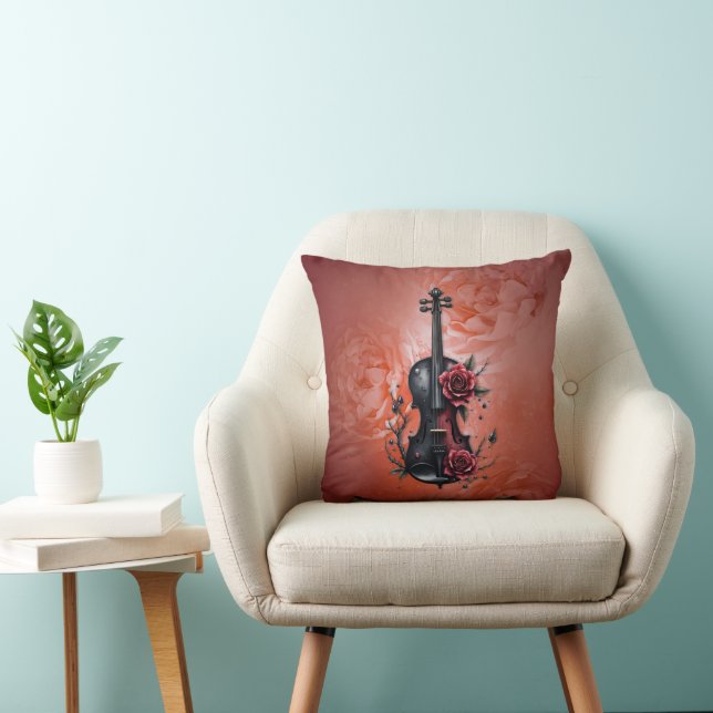 Almofada Violino preto gótico com rosas vermelhas (Cadeira)