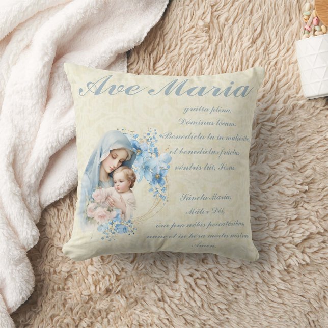 Almofada Virgem Católica Mary Jesus Floral Azul Ave Maria ( Made from high-quality Simplex knit fabric, these 100% polyester pillows are soft and wrinkle-free.)