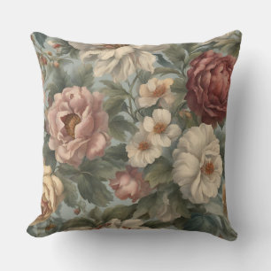 Almofada Vitoriano Floral de Tons de Bege Rosa, Azul e Sage