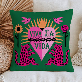 Almofada Viva La Vida Coração Rosa em Arte Popular Verde Es