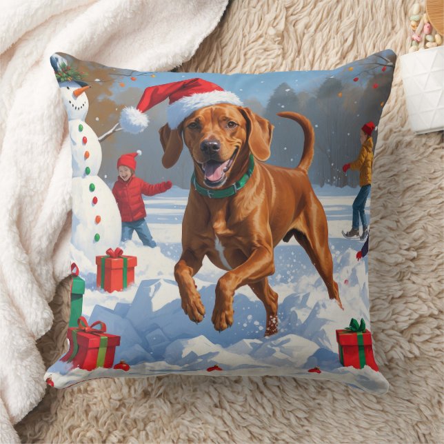 Almofada Vizsla Correndo na Neve com Chapéu de Natal (Cobertor)