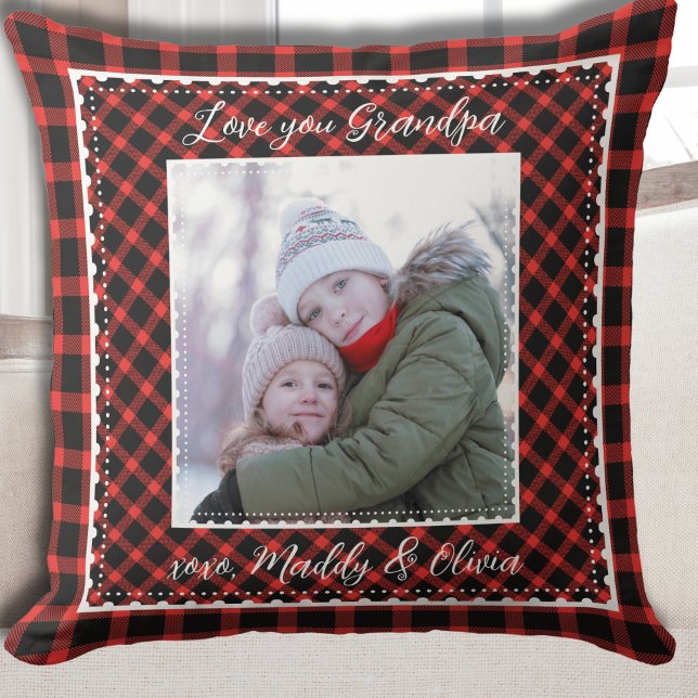 Almofada Vovô Foto Xadrez Natal (Grandpa Red Buffalo Plaid Christmas Holiday Throw Pillow)