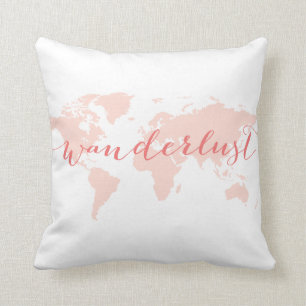 Almofada Wanderlust, desejo viajar, mapa do mundo