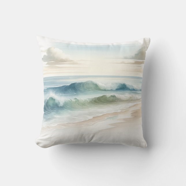 Almofada Watercolor Beach Waves Rustic Coastal (Frente)