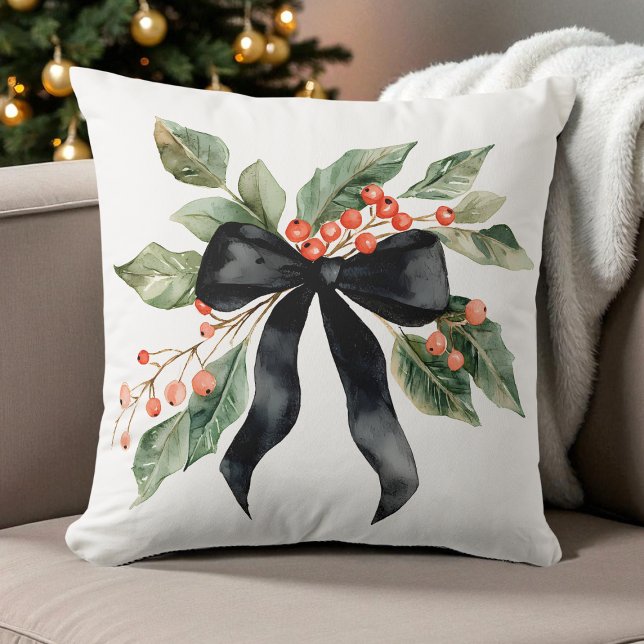 Almofada Watercolor Black Christmas Arco Geen deixa moderno (Watercolor Black Christmas Bow Geen Leaves Modern Throw Pillow)