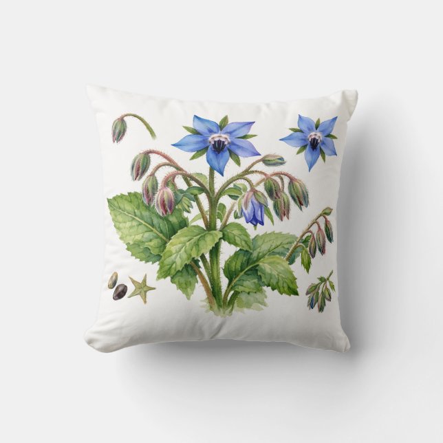 Almofada Watercolor Borage Herb Flowers and Leaves  (Frente)