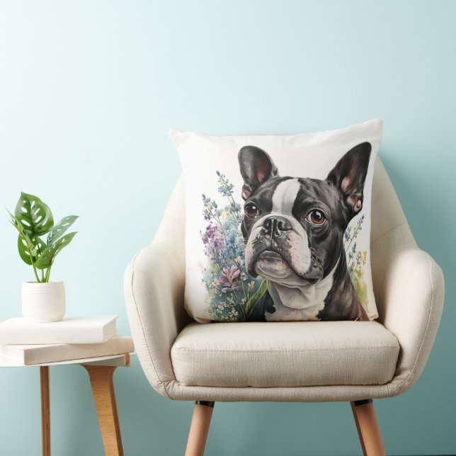 ALMOFADA WATERCOLOR BOSTON TERRIER DOG COM FLORES (Cadeira)