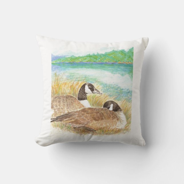 Almofada Watercolor Canada Geese Nesting Family (Frente)