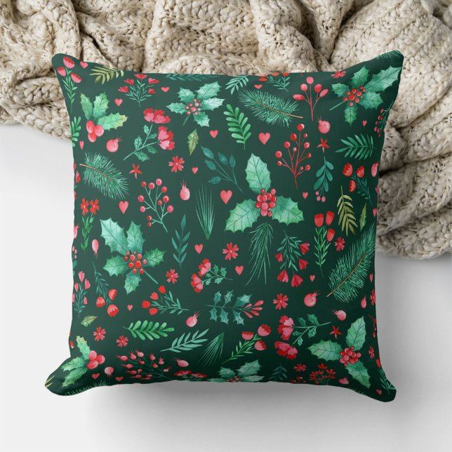 Almofada Watercolor Christmas Holly Red Berries Floral (Watercolor Christmas Holly with Winter Botanicals Throw Pillow)