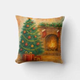 Almofada Watercolor Christmas Tree & Cozy Fireplace Holiday