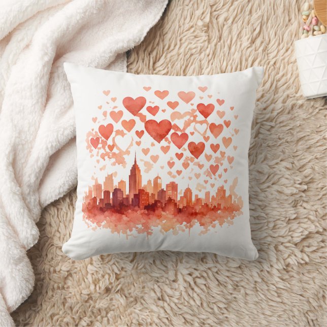 Almofada Watercolor City Skyline Hearts Throw Pillow (Cobertor)