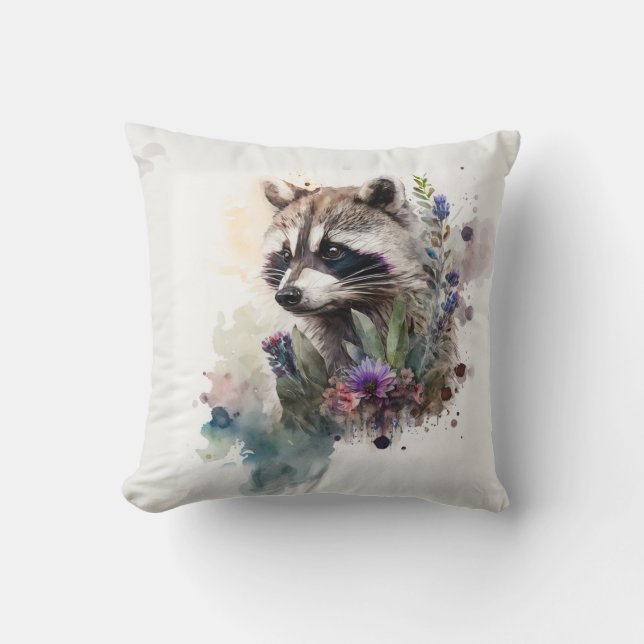 Almofada Watercolor Cute Raccoon Spring Flowers        (Frente)