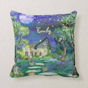 Almofada Watercolor Fantasy Woods Fairy Light Magic Cotage