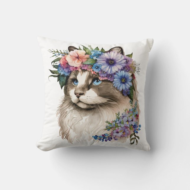 Almofada Watercolor Floral Ragdoll Cat (Frente)
