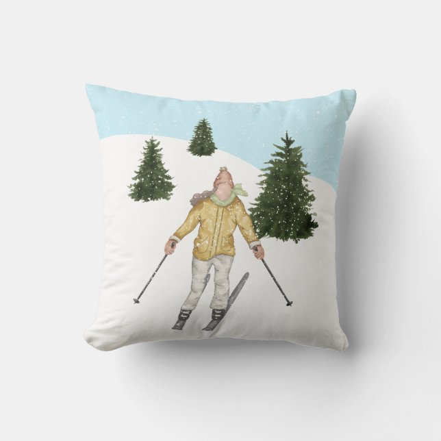 Almofada Watercolor Girl Skiing In Winter Slopes With Trees (Frente)