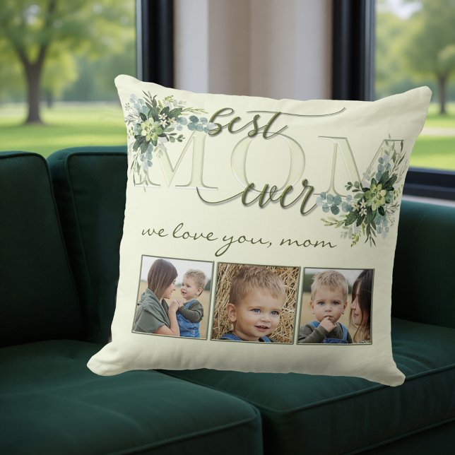 Almofada Watercolor Green deixa Travesseiro de fotos da mãe (Pillow featuring a stylized Mom text with green watercolor leaves and your own photos - Mother's Day)