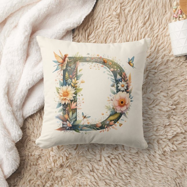 Almofada Watercolor Greenery Fairies Monograma - Letra D (Cobertor)