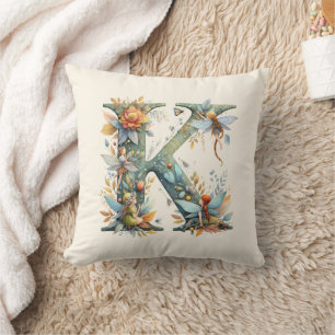 Almofada Watercolor Greenery Fairies Monograma - Letra K