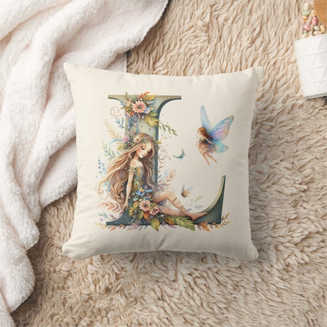 Almofada Watercolor Greenery Fairies Monograma - Letra L (Cobertor)