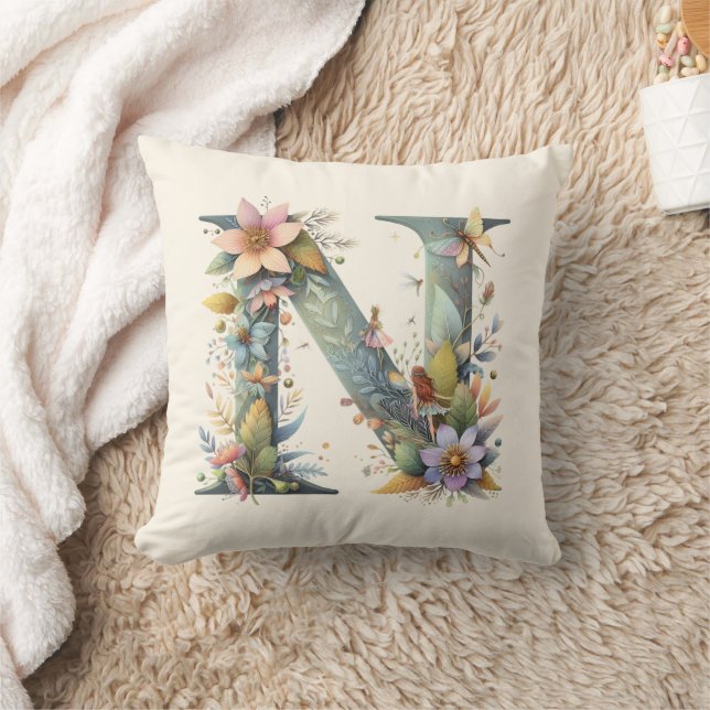 Almofada Watercolor Greenery Fairies Monograma - Letra N (Cobertor)