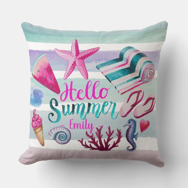 Almofada Watercolor Hello Summer Monogram Stripes (Frente)