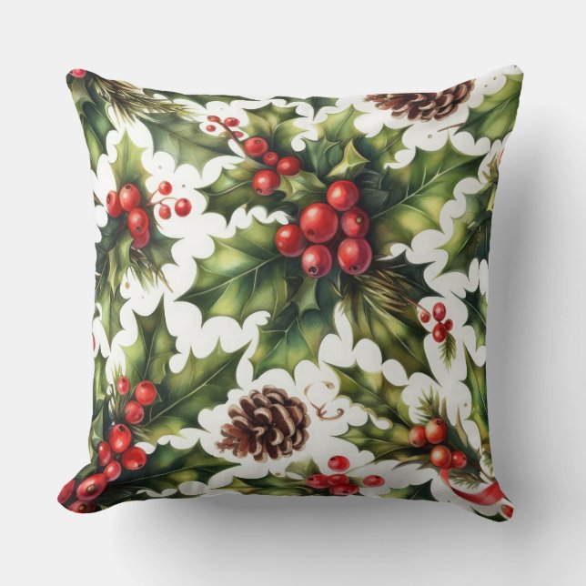 Almofada Watercolor Holly Berries Natal Motifs Holiday (Frente)