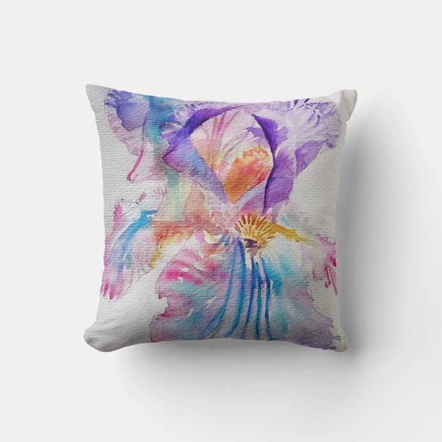 Almofada Watercolor Iris Flower Painting Arrisca Roxo (Frente)