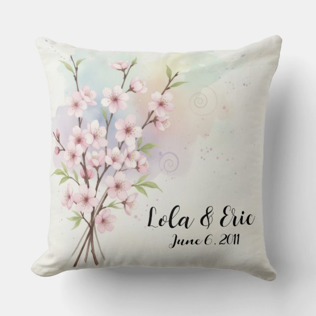 Almofada Watercolor Japanese Cherry Blossom Throw Pillow (Frente)