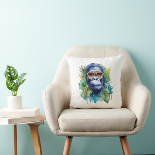 Almofada Watercolor Jungle Gorilla com óculos e folhas sola