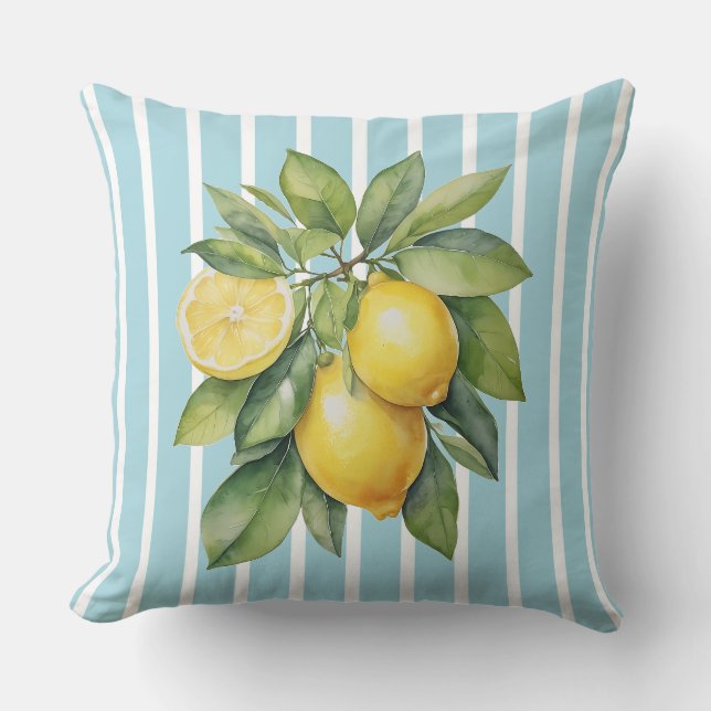 Almofada Watercolor Lemons on Blue Striped Background (Frente)