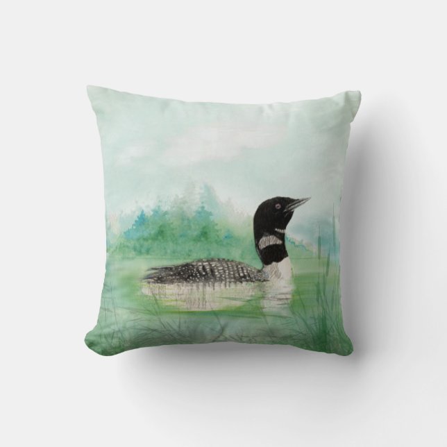 Almofada Watercolor Loon Wilderness Lake Bird Nature Art (Frente)