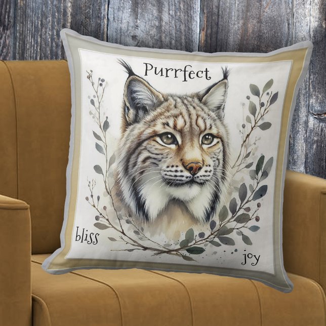 Almofada Watercolor Lynx Big Cat (Pillow featuring a modern watercolor painting of a lynx with some vegetation - big cat - cat lover)