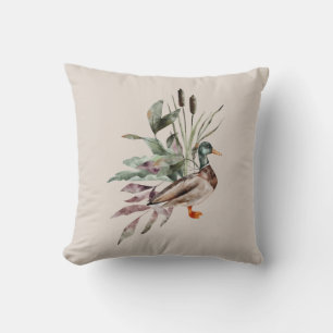 Almofada Watercolor Mallard Duck Cattails Foliage Wildlife