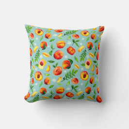 Almofada Watercolor Peach Green Leaves Blue background
