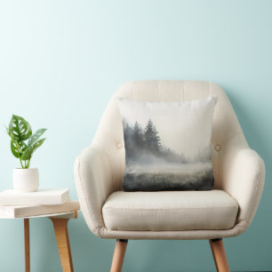 Almofada Watercolor Pine Trees Misty LandscapeThrow Travess