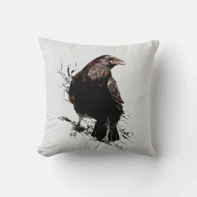 Almofada Watercolor Raven Bird Art (Frente)